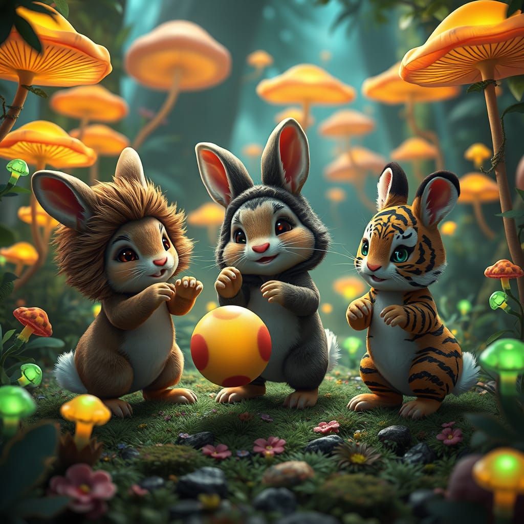Animals in playful disguise: three rabbit kids dressed like a lion, a bear, a crocodile. they playing catch me together.  All surrounded by ... - Start Image 1