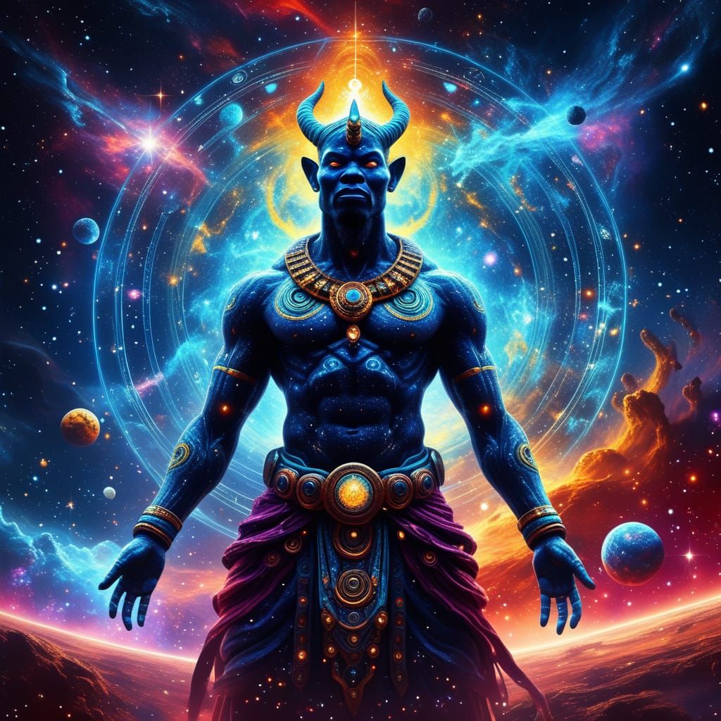 A majestic Yoruba demon deity , adorned with celestial patterns and glowing runes, stands regally on the bridge of a colossal starship. The ...