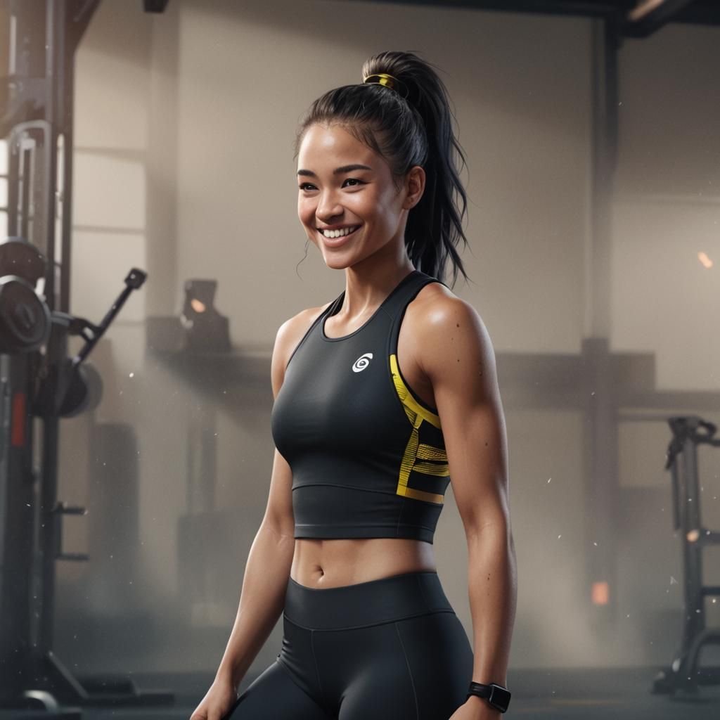 Close up of Only one woman with a pony tail in a gym and is smiling as she wears a two piece black aerobic attire. 