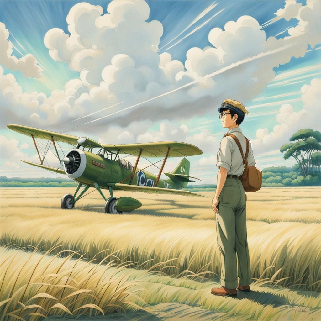 A tranquil airfield from "The Wind Rises," with Jiro Horikos...