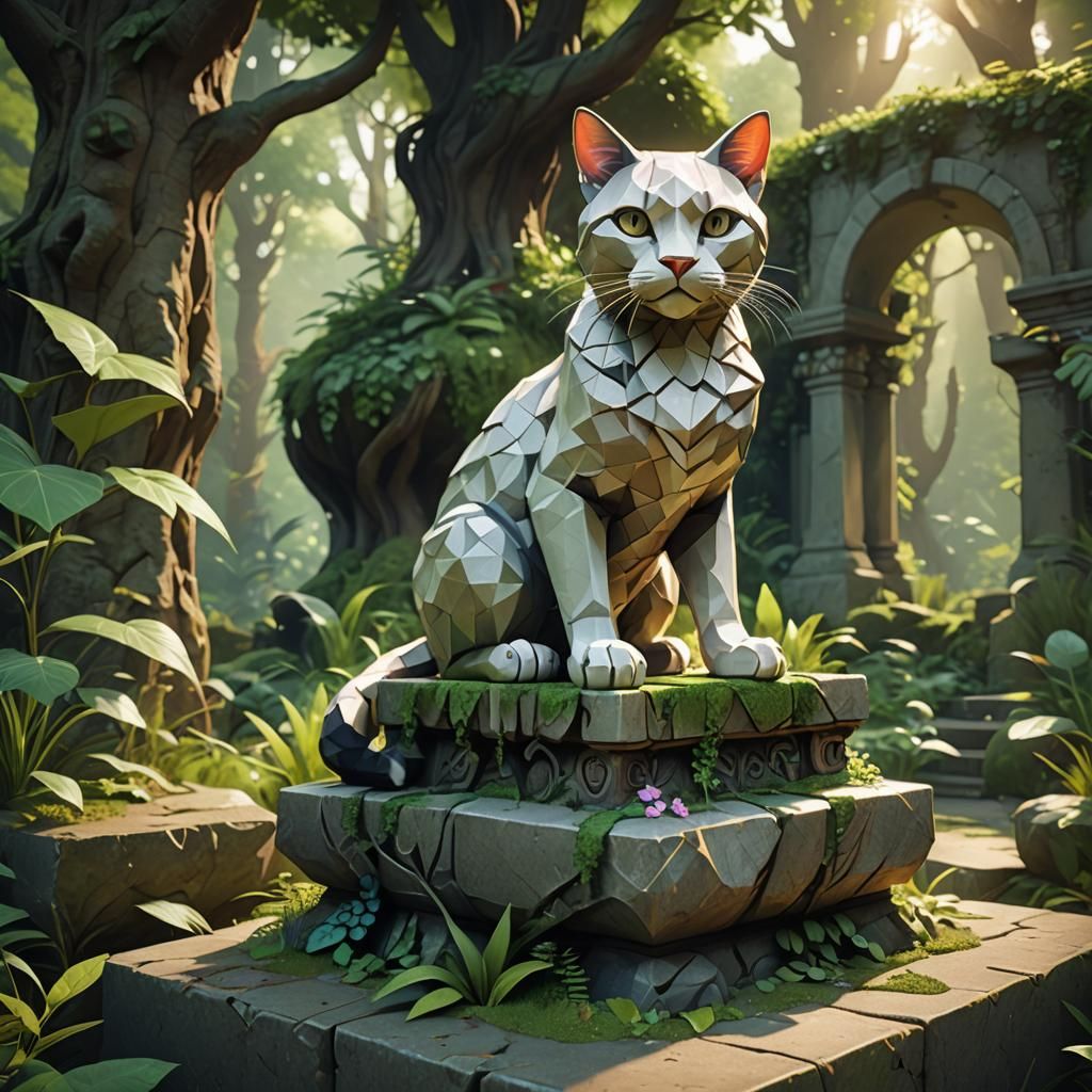 Cat Sculpture in Mystical Forest, Low-Poly Style