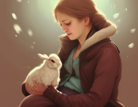 A woman sitting on a bench with her cute rabbit 2