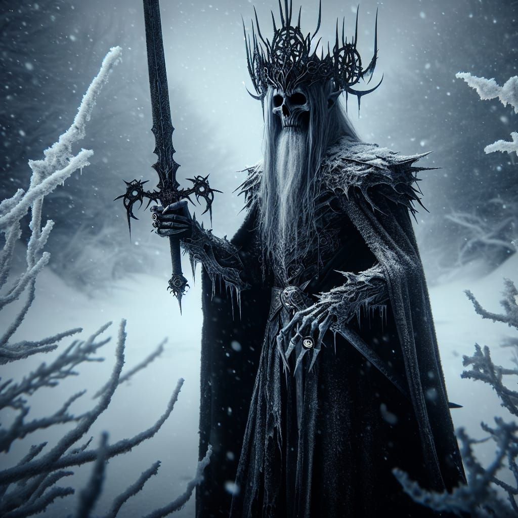 a person with a sword standing in the snow, concept art, got...