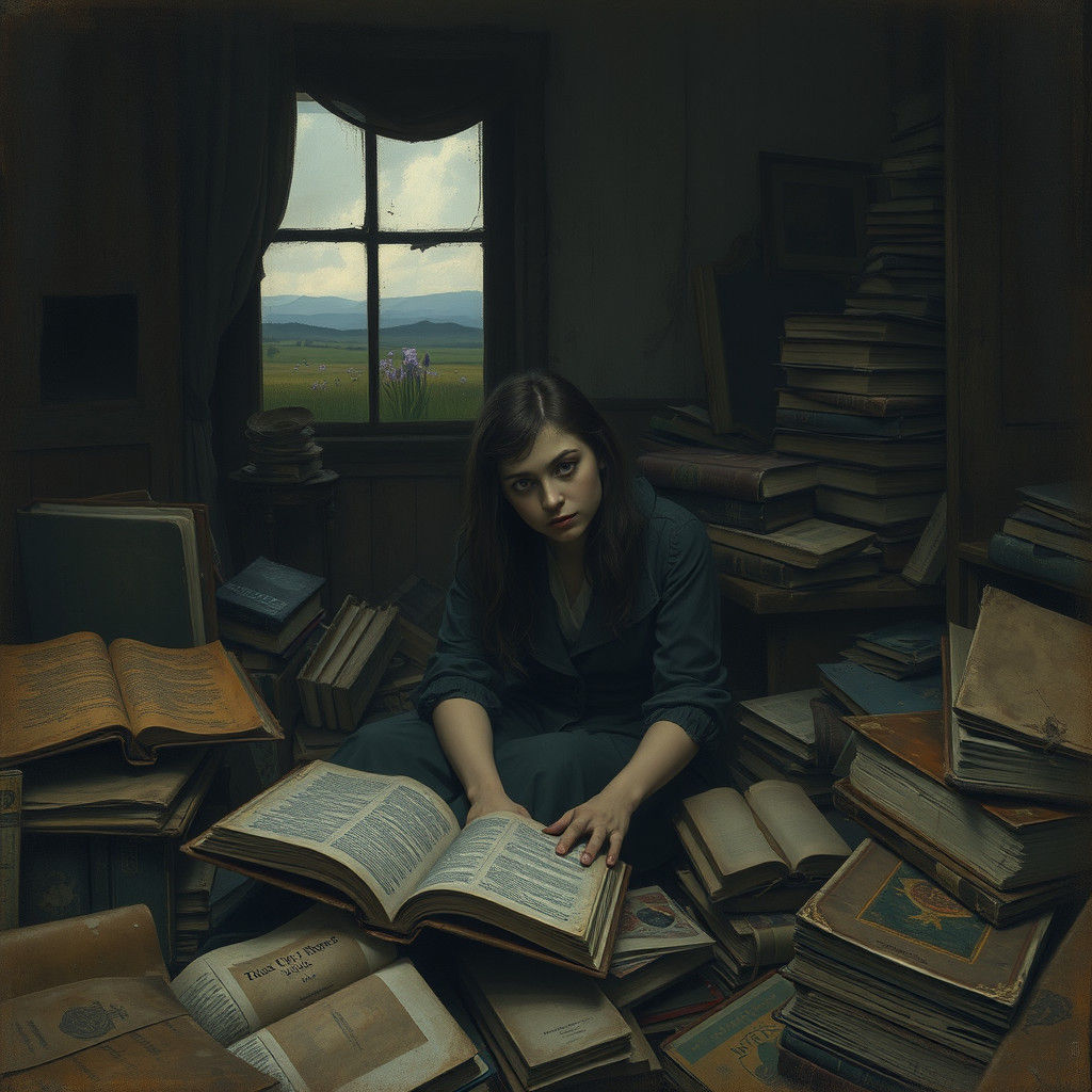 Melancholic Woman in Room with Books, American Realism