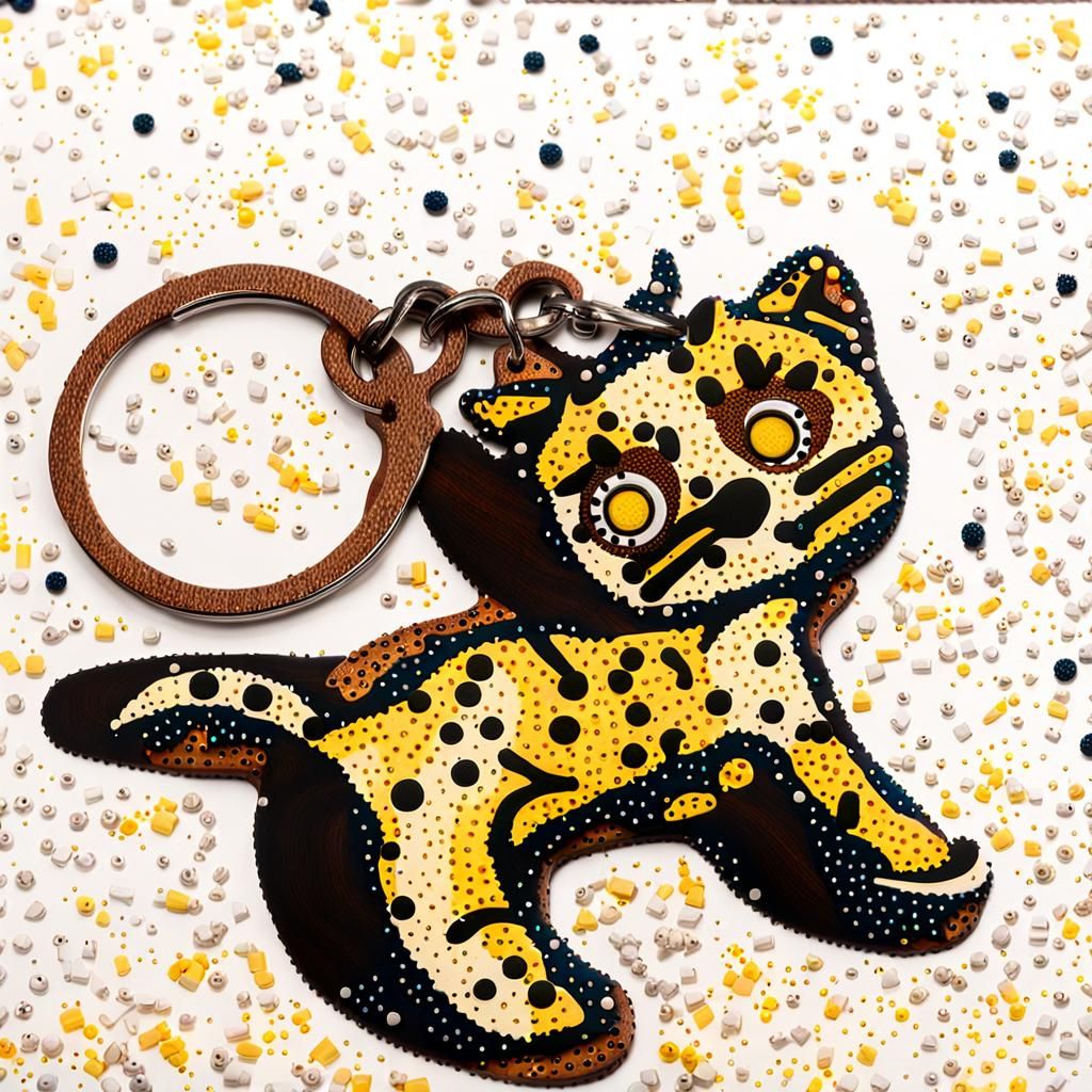 A figurine depicting a wooden stylized cat covered in pox like dots and attached to a metallic keychain in the style of pointillism 