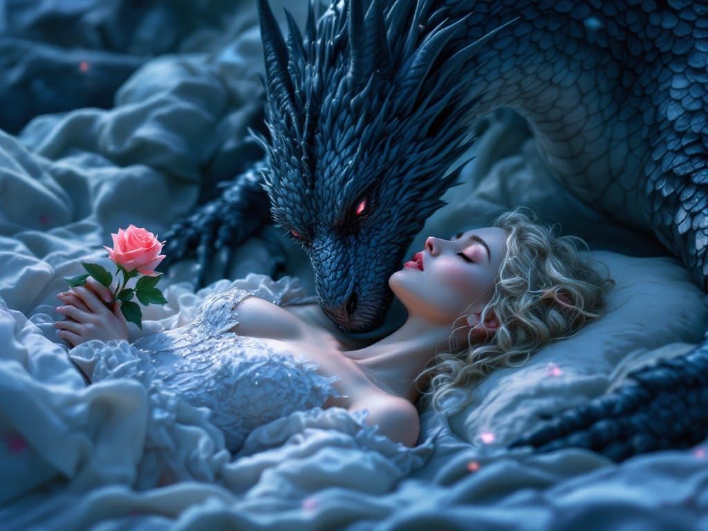 Digital art of a beautiful aurora sleeping beauty lying with her eyes closed, holding a single rose, ...  by @Summerchild