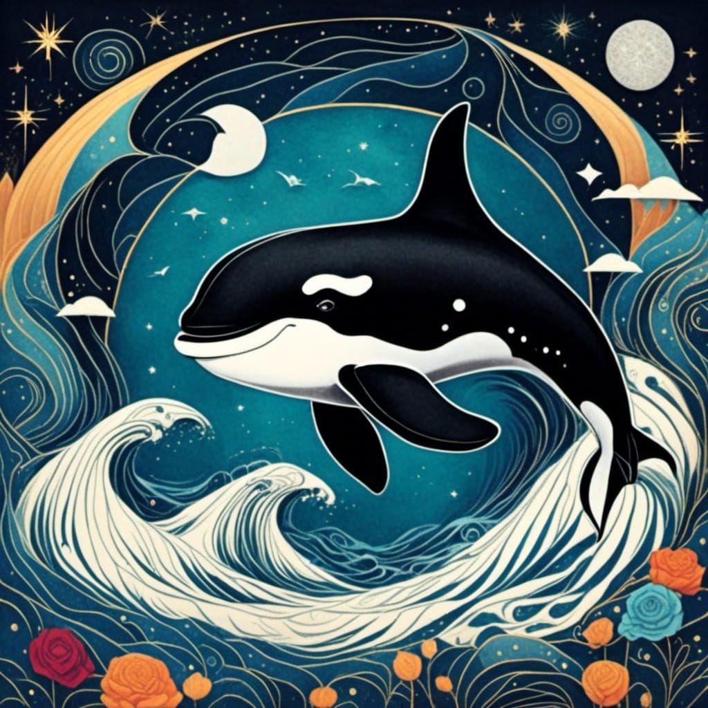 <lora:Starry Origami:1.0> Killer whale on a tidal wave in outer space 