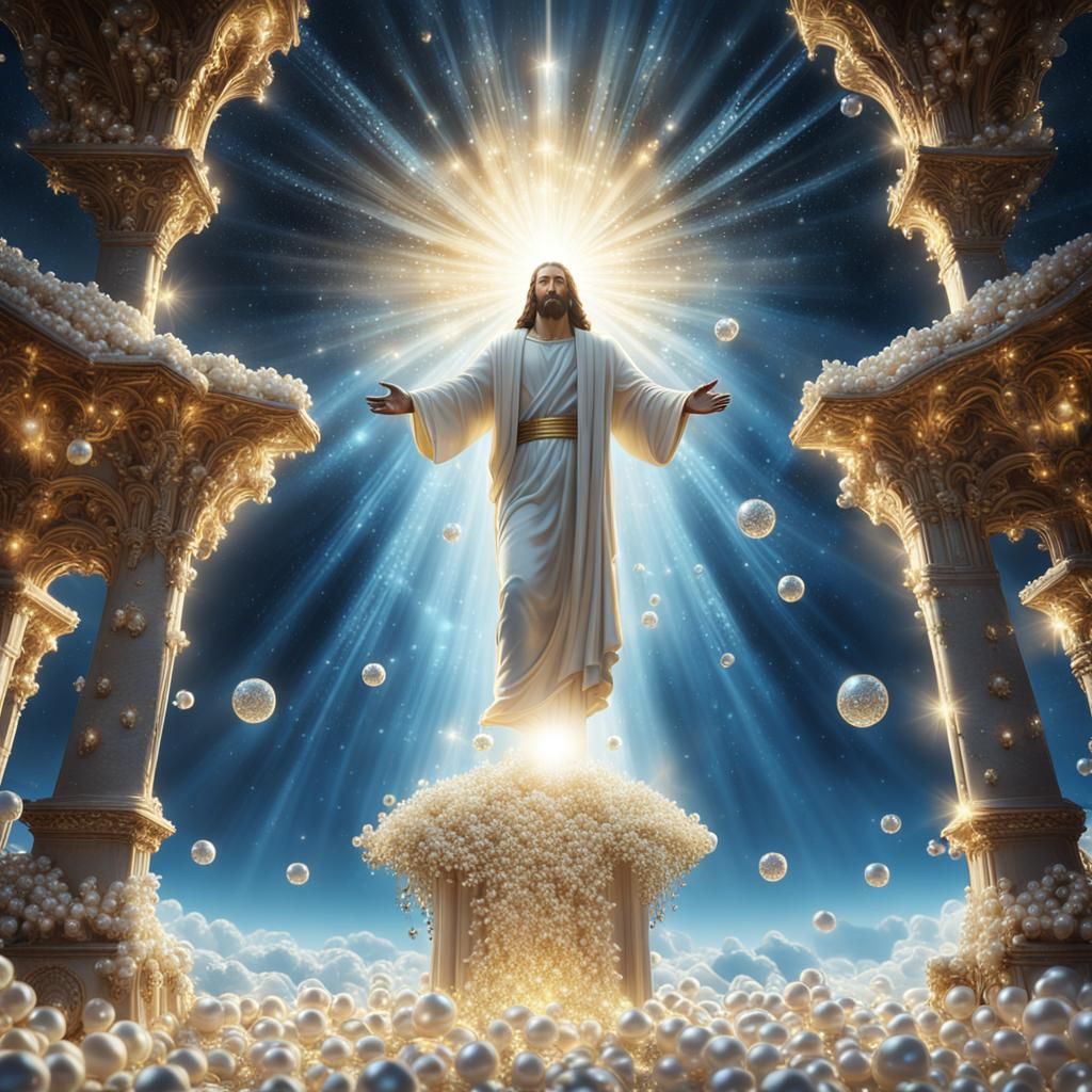 Jesus Christ's ascension into heaven surrounded with shimmer...
