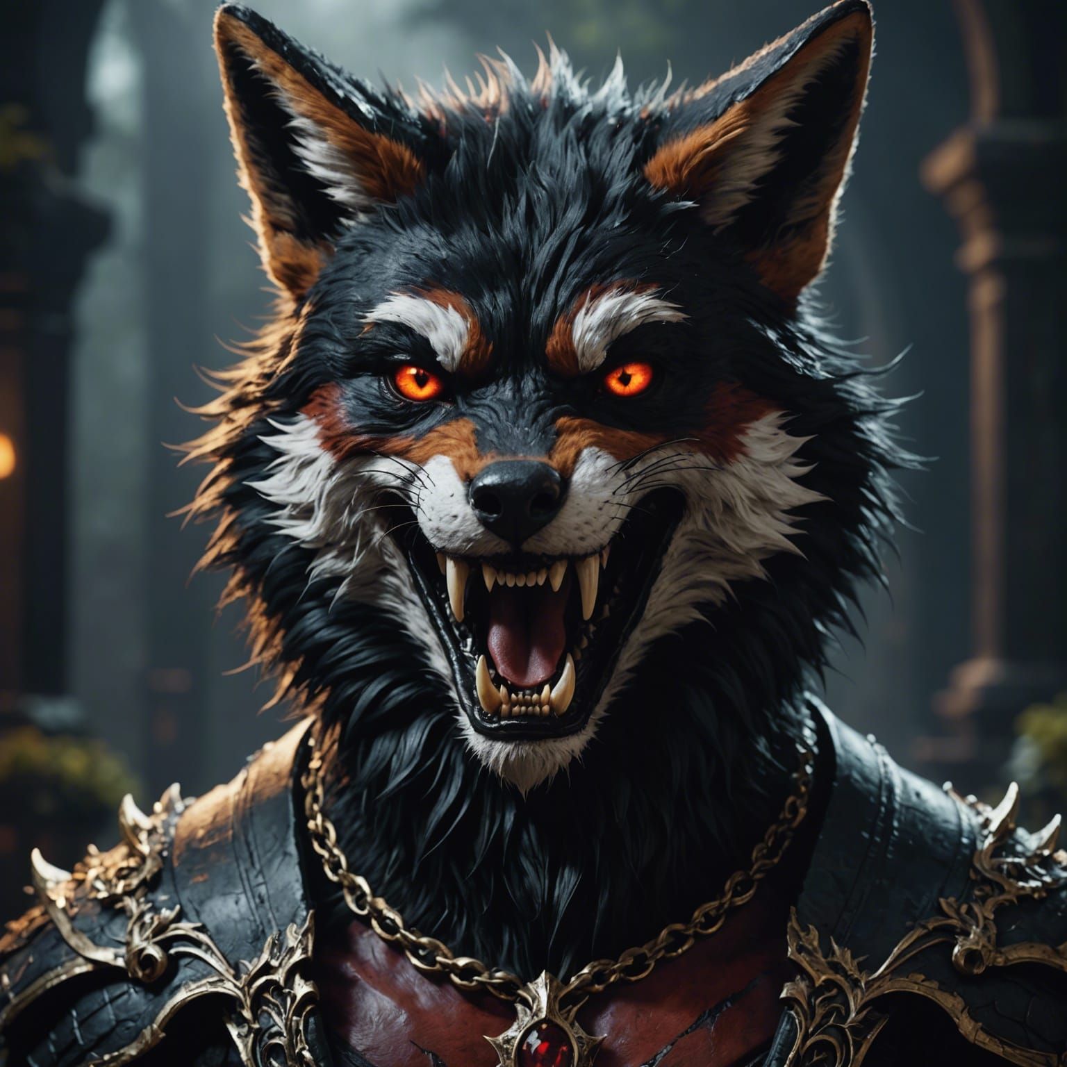 black furred humanoid vampire fox showing his fangs