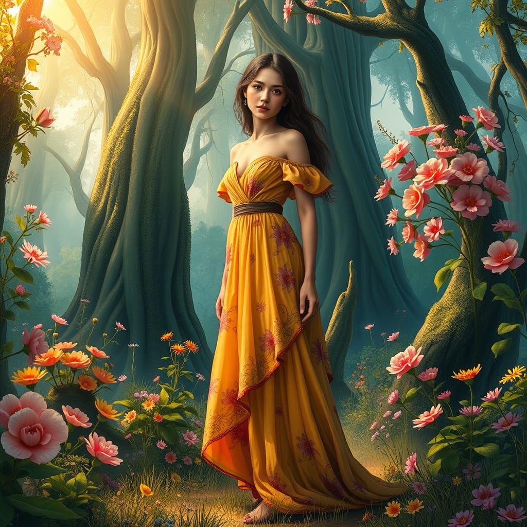 Woman in Whimsical Forest, Inspired by Gurney and Stalenhag