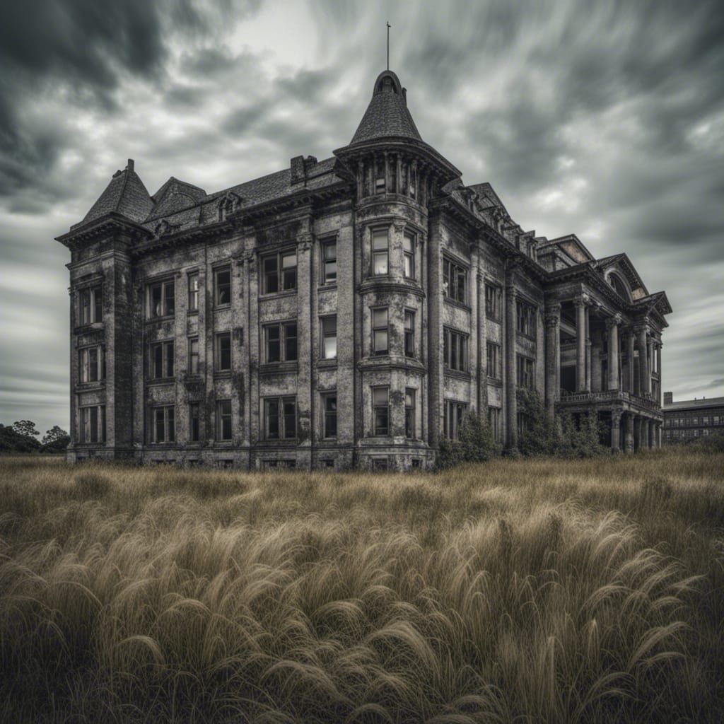 A haunted hospital made of old aged granite. In a rundown ci...