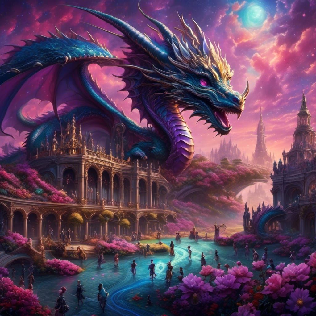 <lora:Romantic dragon:1.0> a stunning cinematic visual of baroque chibi aliens on a fantasy galaxy wave baseball field, Hyperrealistic, spla...