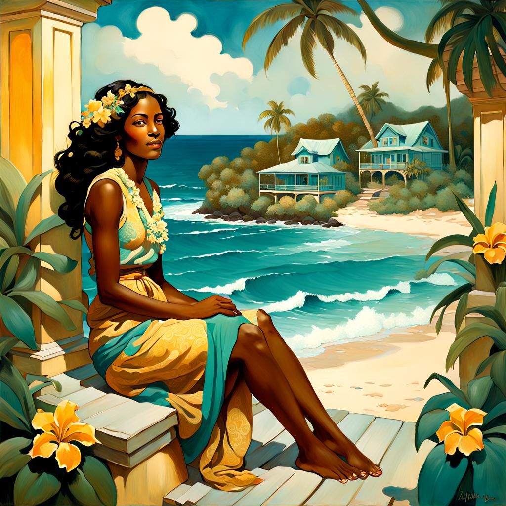 Highly detailed watercolor illustration;  a beautiful Jamaican woman, sitting on the step of a beach ...  by @Jano