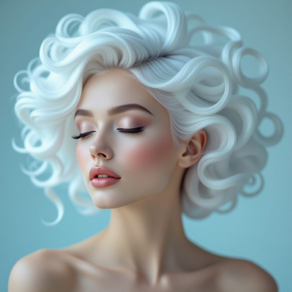 A stunning portrait of a woman with gravity-defying white hair, sculpted into intricate, geometric shapes ...  by @Luke