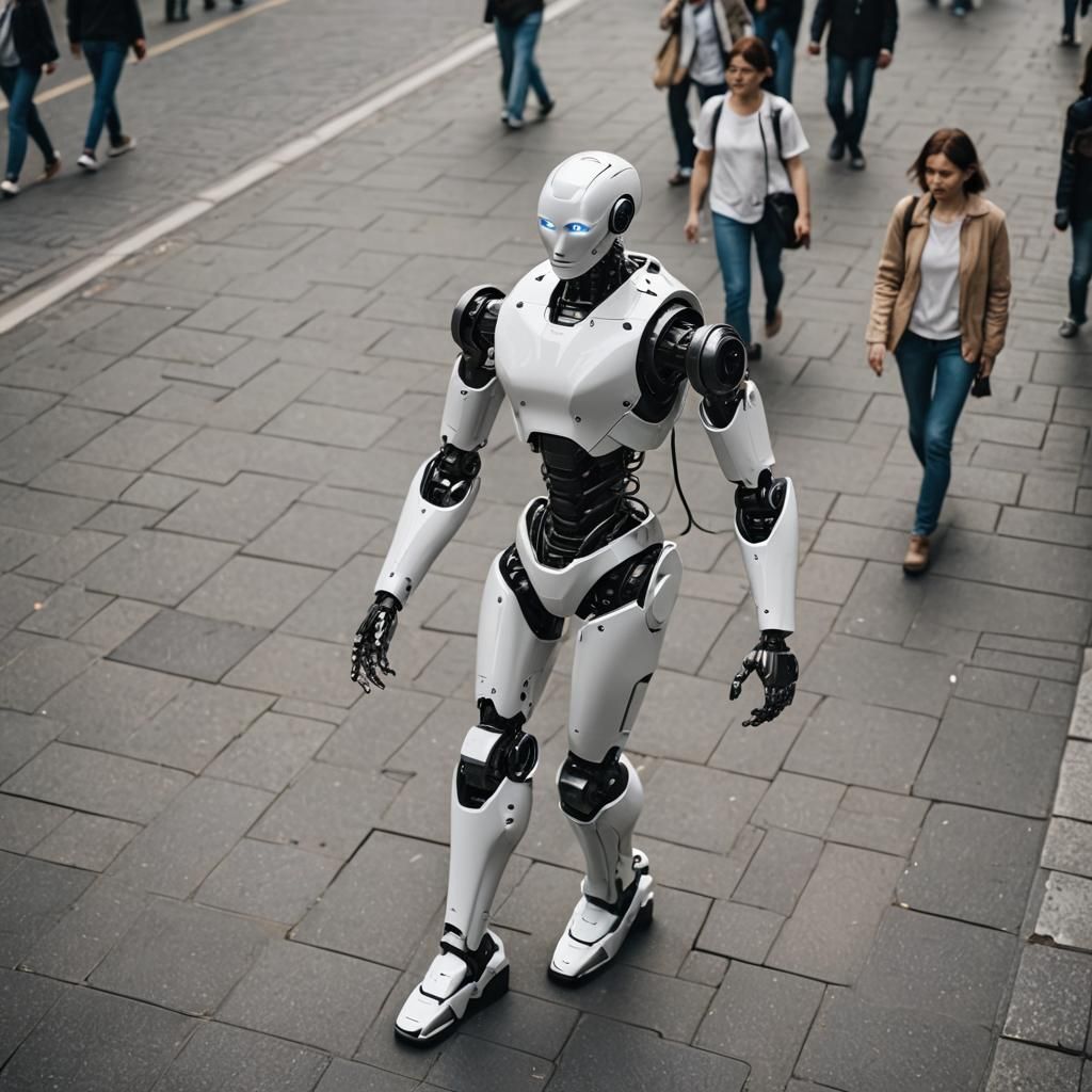 Robotic cyborg human like walking around people in public
