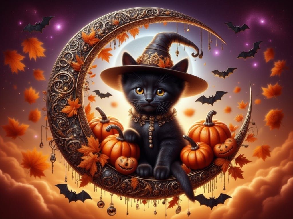 <lora:FiosFiligreeMoons:1.0> Halloween Black Cat