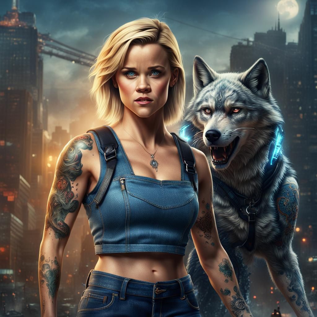 hyperrealistic badass Reese Witherspoon, a futuristic wolf. ...