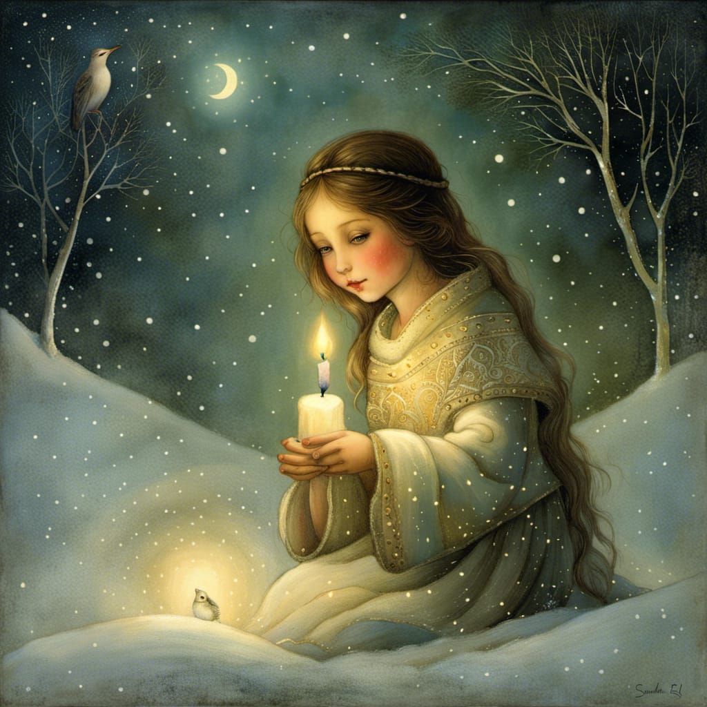 cute girl with candle in the snow night, by Susan Seddon Bou...