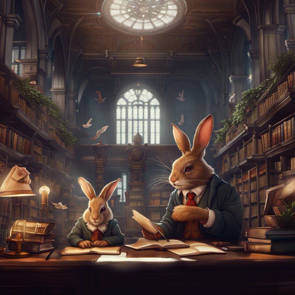 anthropomorphic rabbits studying in a university library. furry art ...