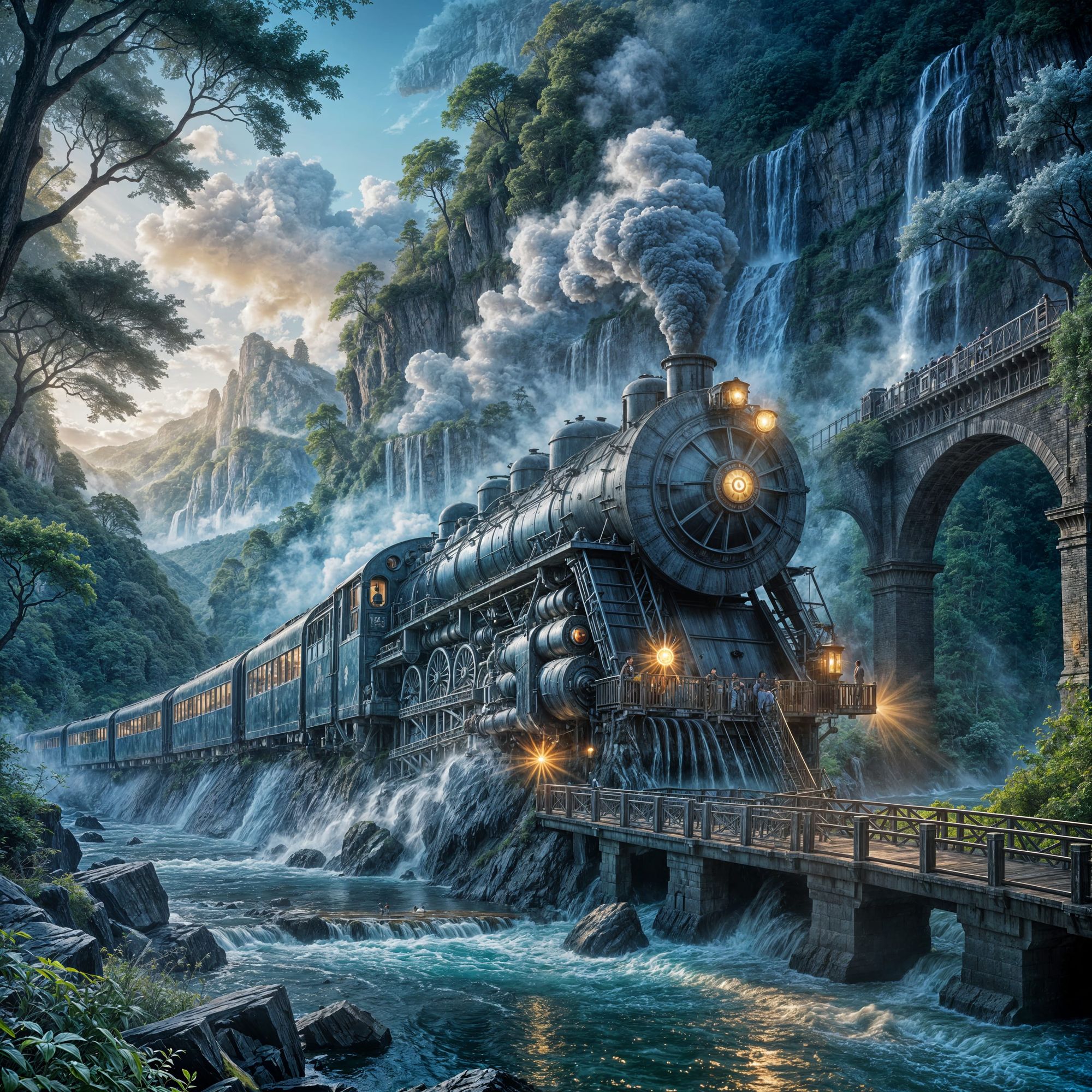 A highly detailed fantasy painting of a midday landscape. Dramatic. A majestic steam train travels along a bridge over a rushing river, its ...
