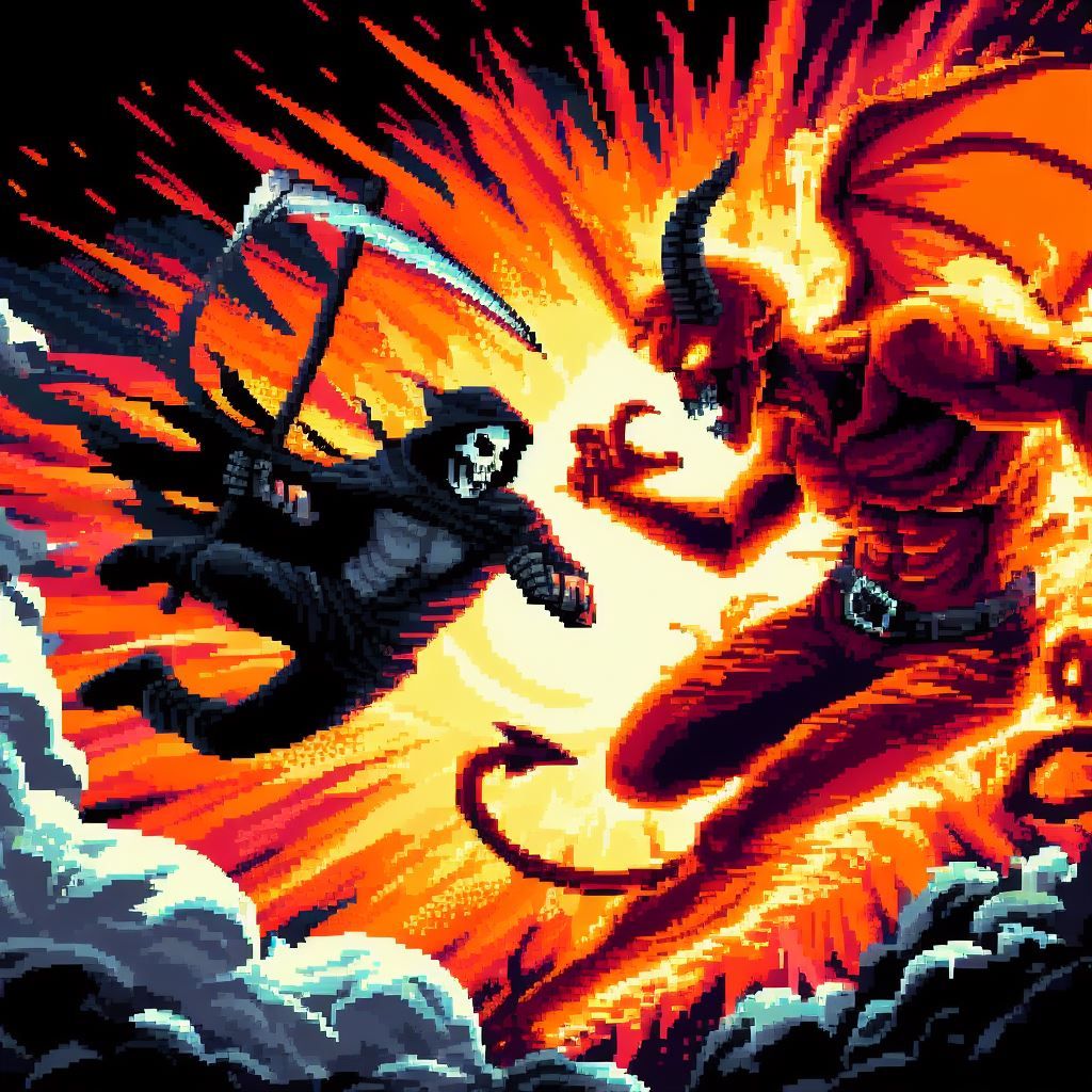 16 bit pixel art of the Grim Reaper versus the Devil