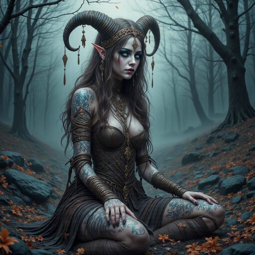 A dark fantasy digital art piece of a mystical figure in a misty forest setting. The figure has pale white skin, long wavy brown hair, and w...
