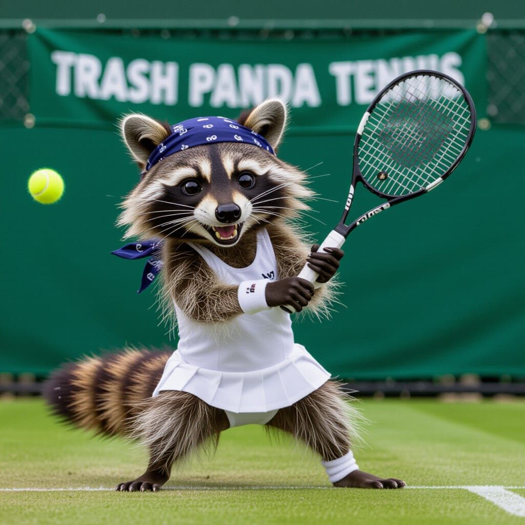Raccoon’s sly serve    by @Arisiin