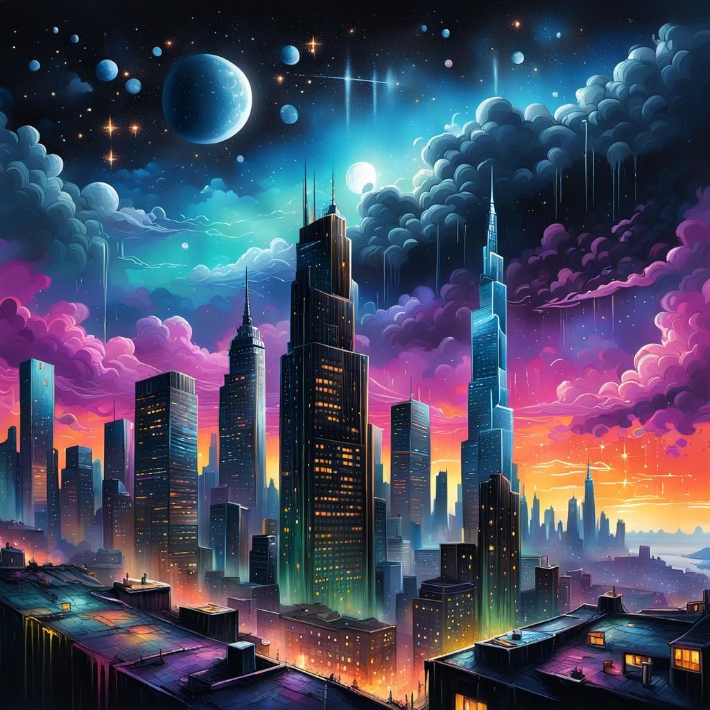 City skyline under the stars of a far away galaxy  by @ScaredLittleCreative