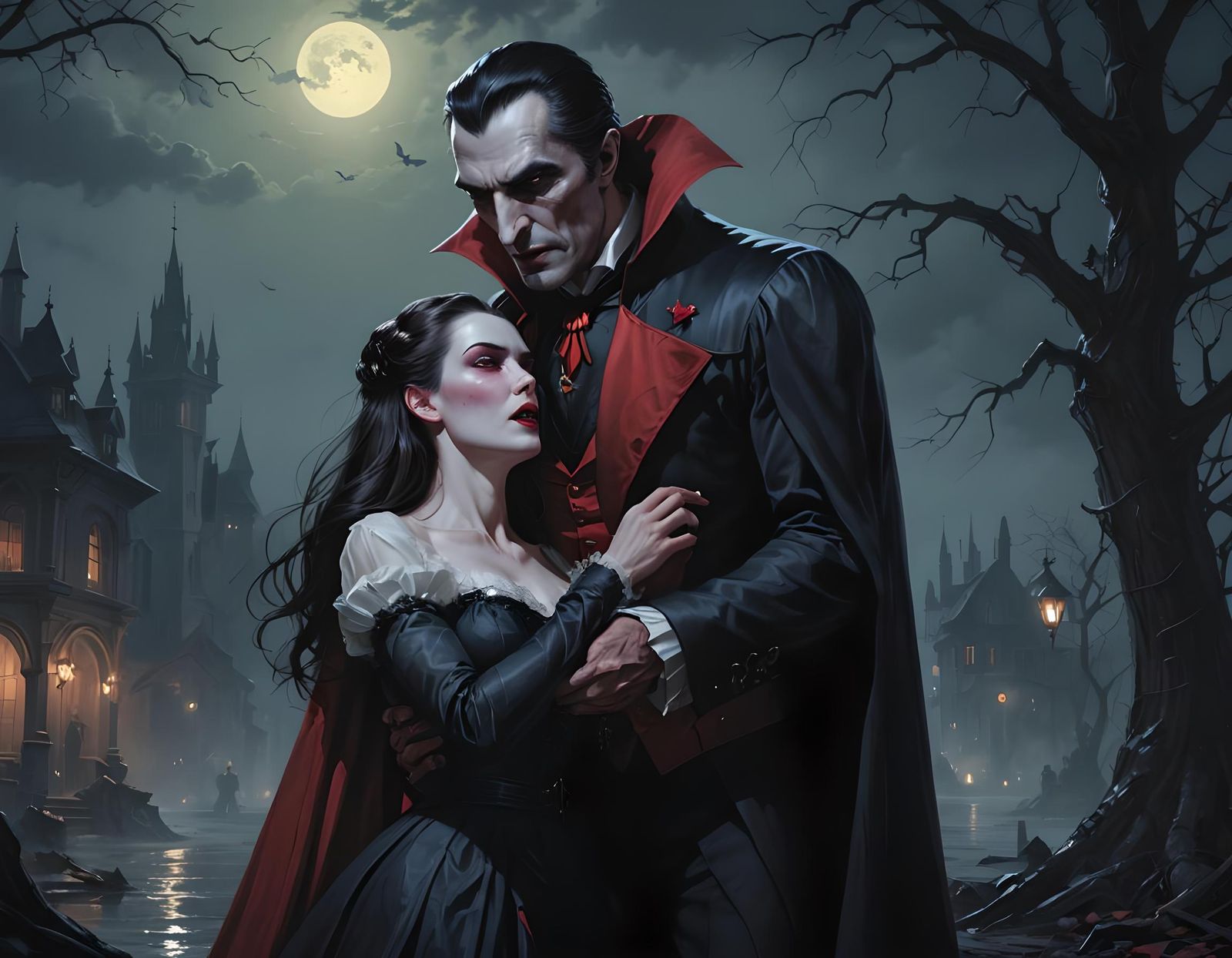 Dracula holding onto a damsel in distress at night as he readies to ...