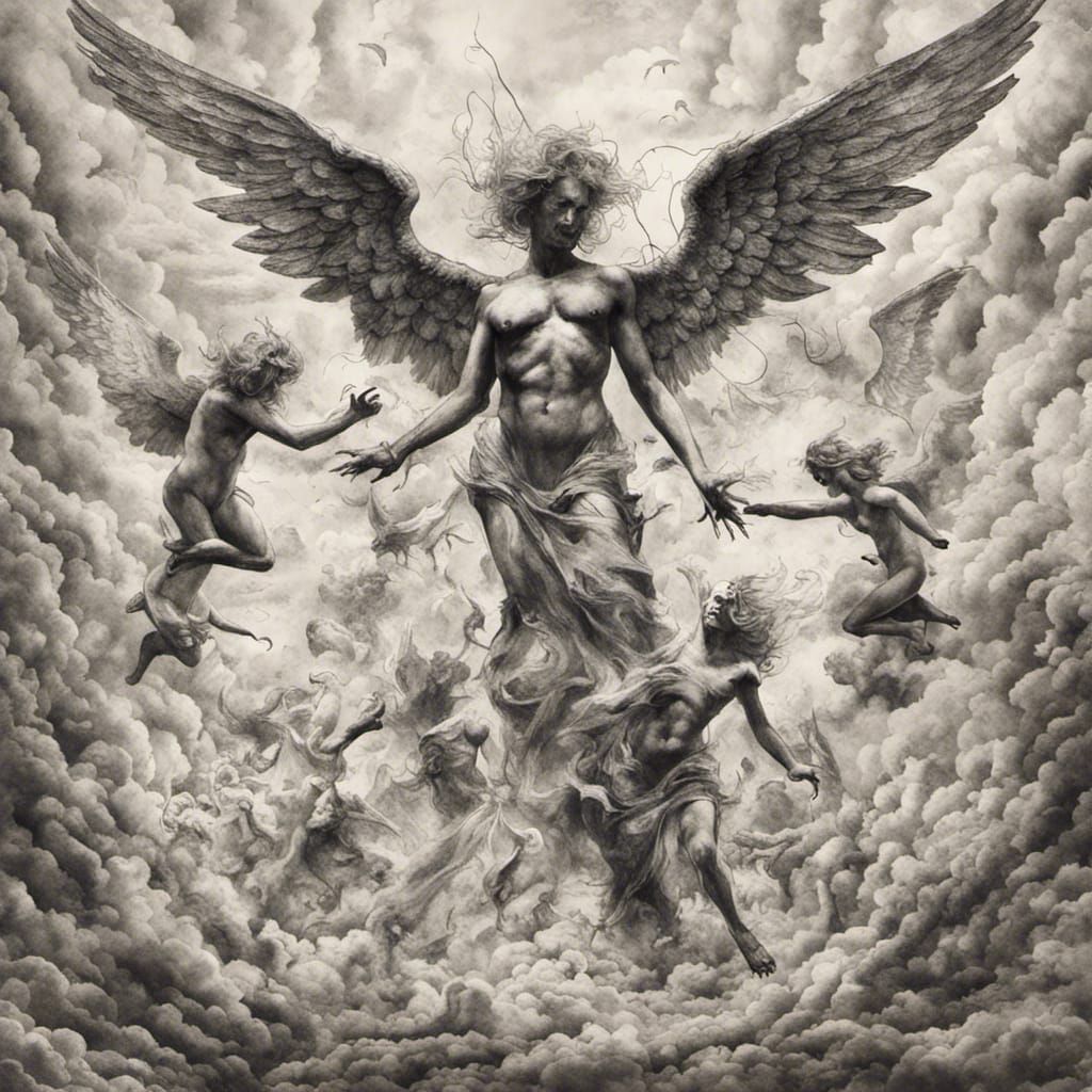 Angels and demons fighting in The sky ink drawing composite photograph ...