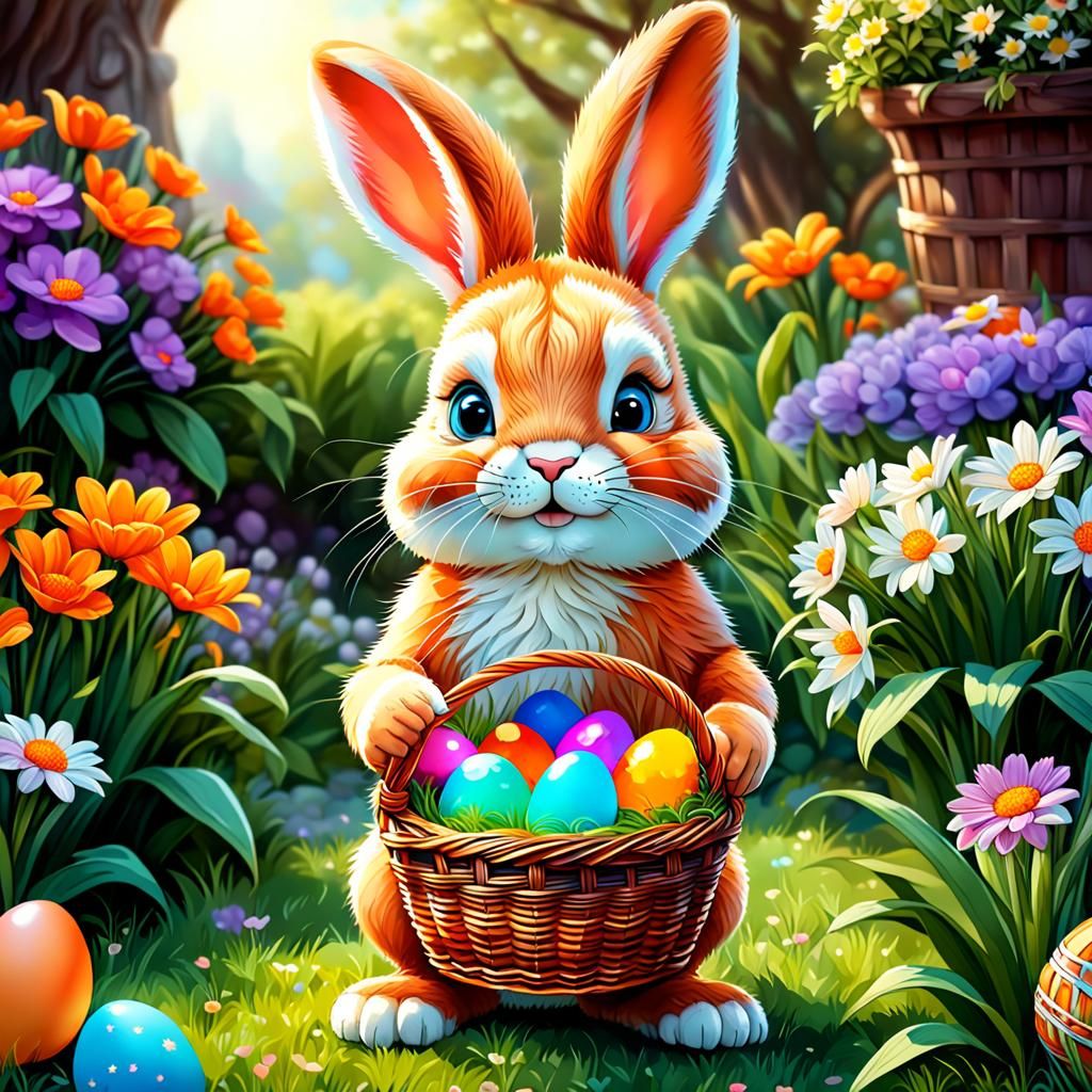 Portrait, cute cub easter orange bunny holding a basket of c...