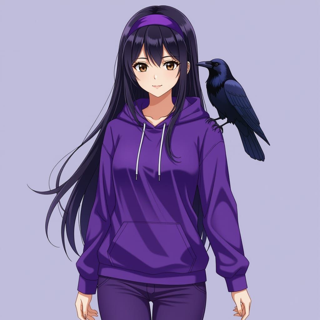 Anime Woman in Purple Walking with Raven