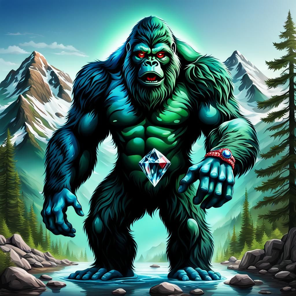 Realistic green and blue color Bigfoot holding a diamond liq...