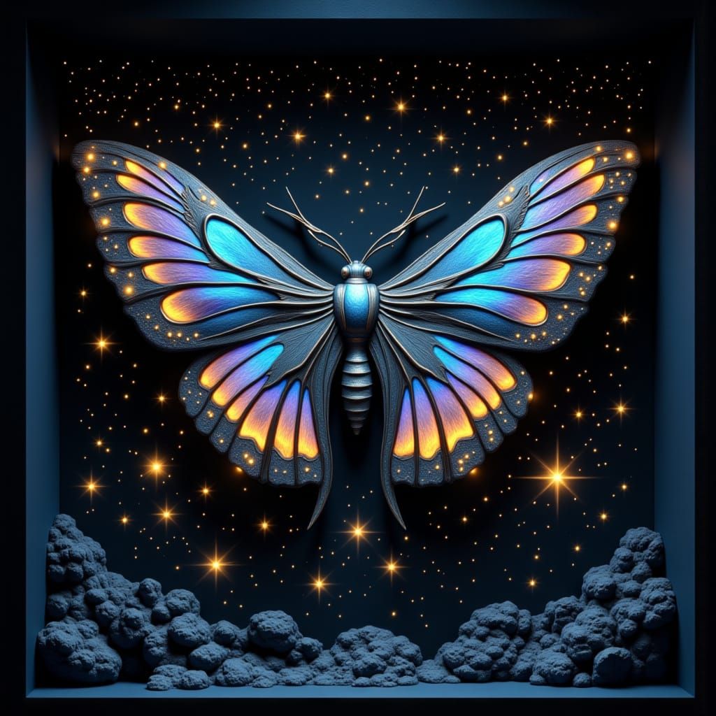 <lora:Dramarama:0.5>3d shadowbox depicting a moth with huge wings surrounded by stars everywhere <lora:Starboi 2:1.0> surrealism maximalist ...