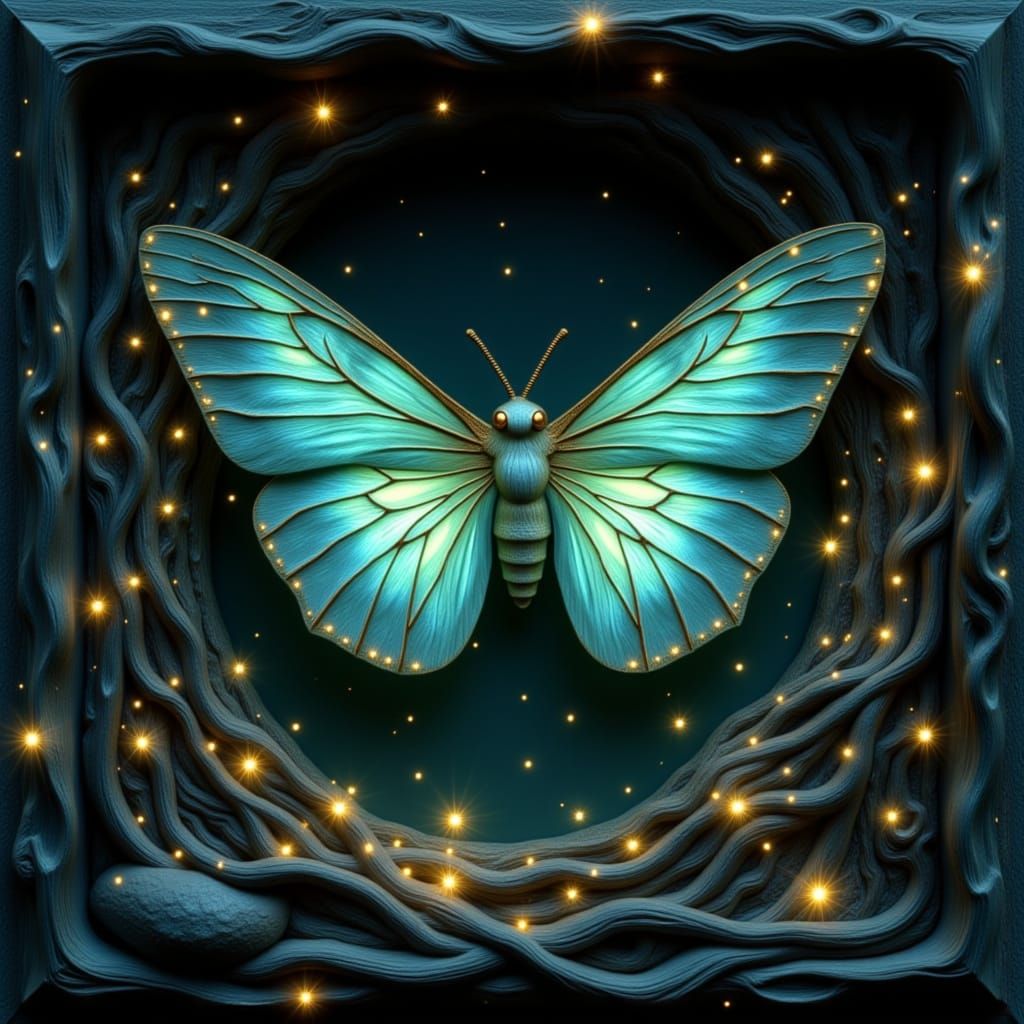 <lora:Dramarama:0.5>3d shadowbox depicting a moth with huge wings surrounded by stars everywhere <lora:Starboi 2:1.0> surrealism maximalist ...