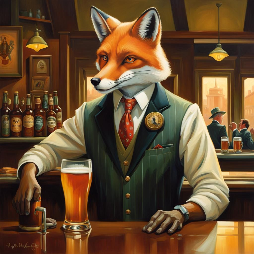 portrait Art deco illustration enigmatic a humanoid fox in C...