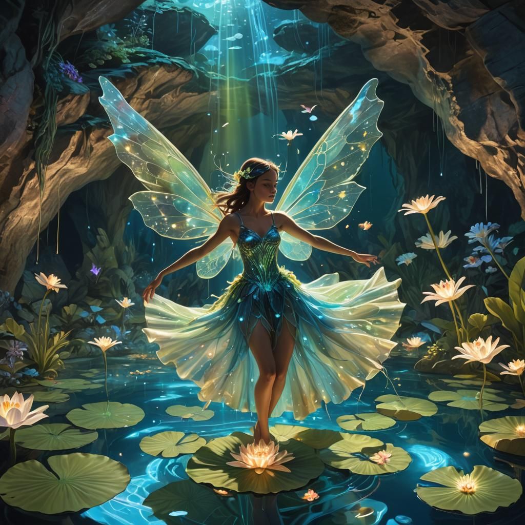 A transparent blue pool in a cave glowing translucent blue s...