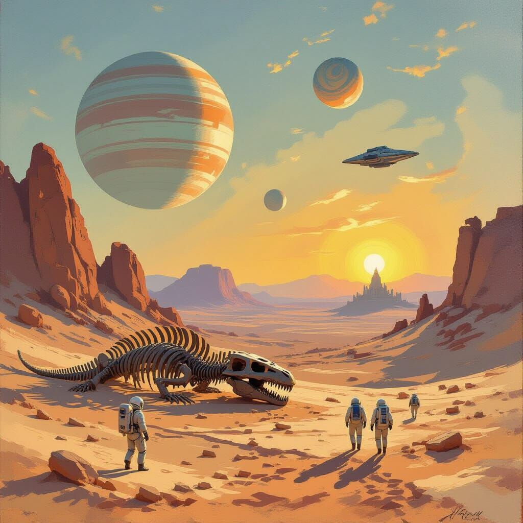  Oil painting in the impressionistic style of Claude Monet, featuring a vast desert planet. An astronaut inspects the half-buried skeleton o...