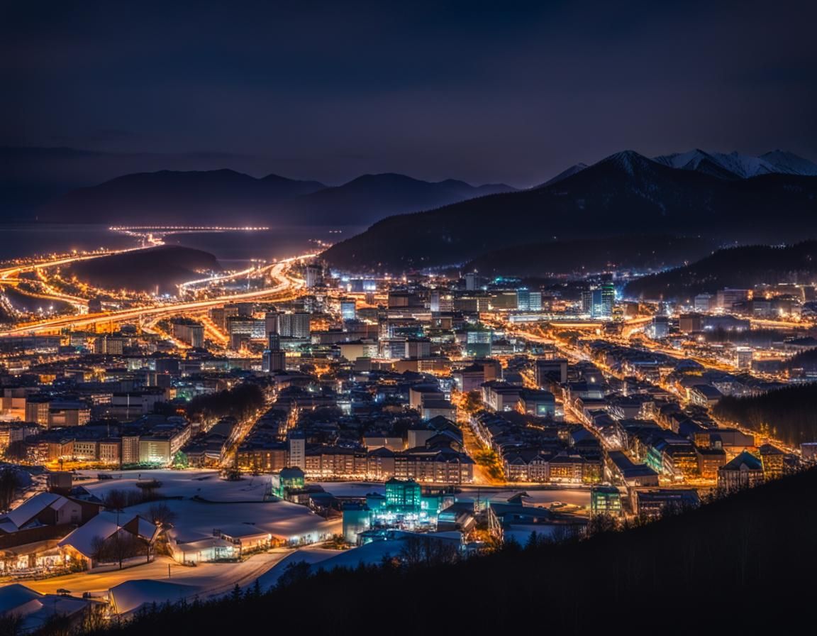 City of Shisuka in Sakhalin/Karafuto, Japan, Night View