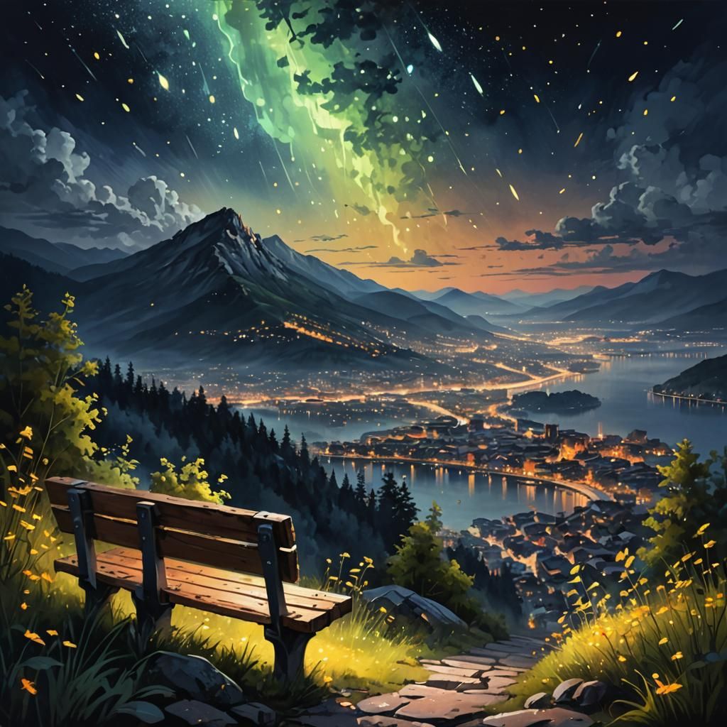 Amazing Side View of a top of mountain above city, with many glowing fireflies, with a tranquil litthe ...  by @Sereyo Sparkle