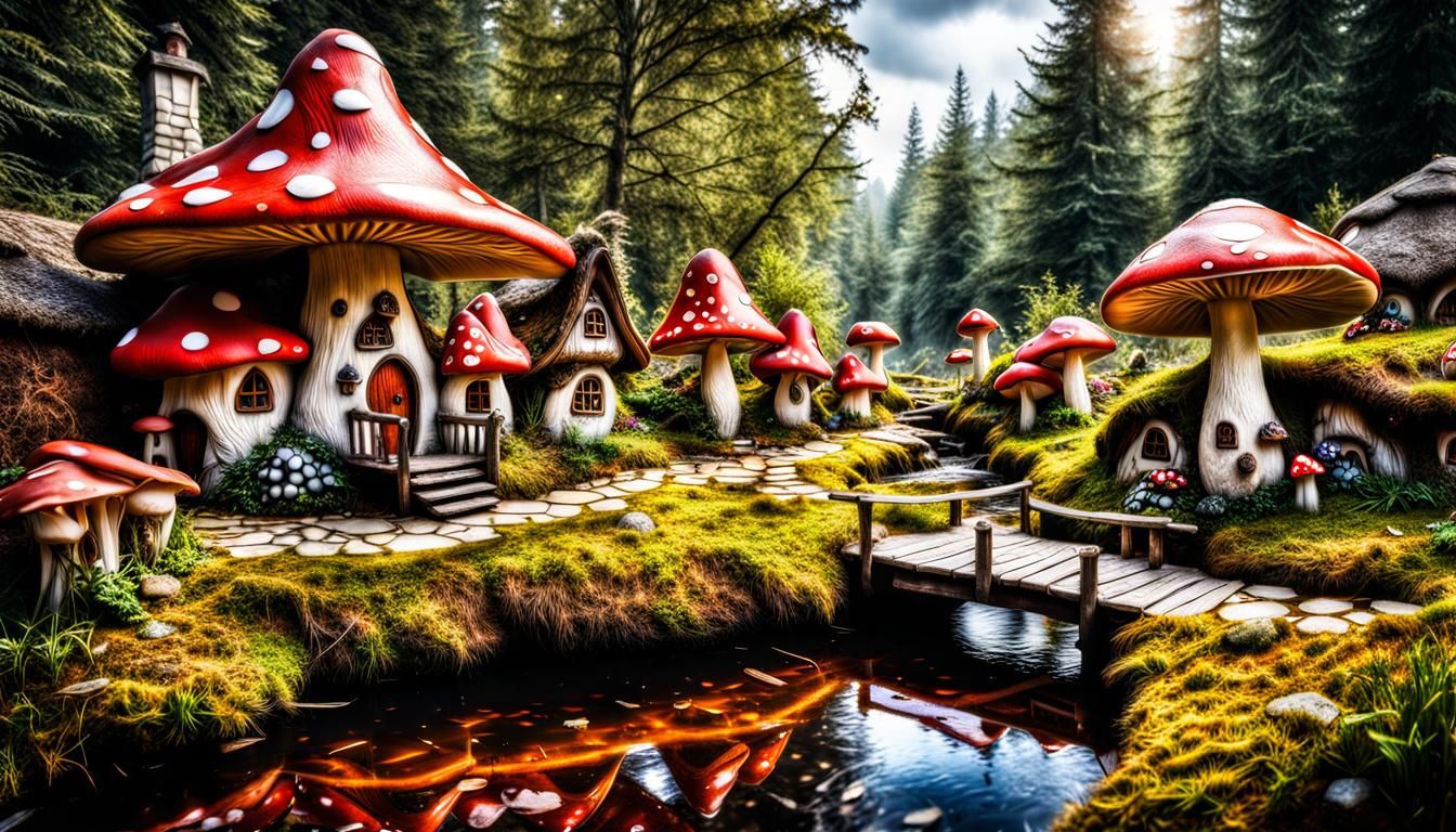 fairy village, toadstool homes, creek, intricate details, HD...