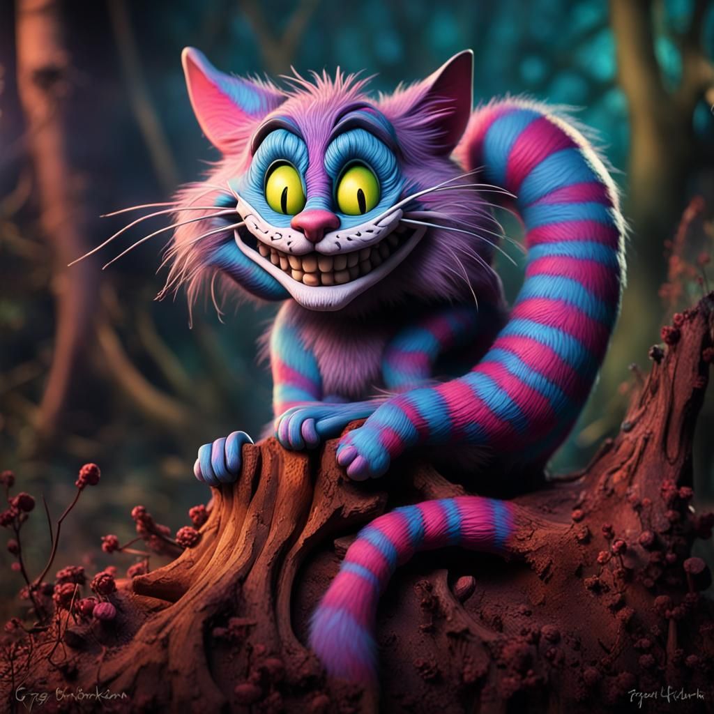 Claymation Cheshire Cat, smiling in the dark, a mouse tail protruding ...