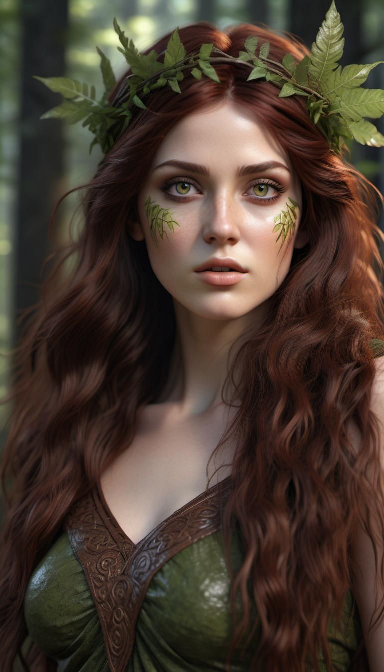 Photorealistic Beautiful Dark Auburn Haired Forest Goddess With