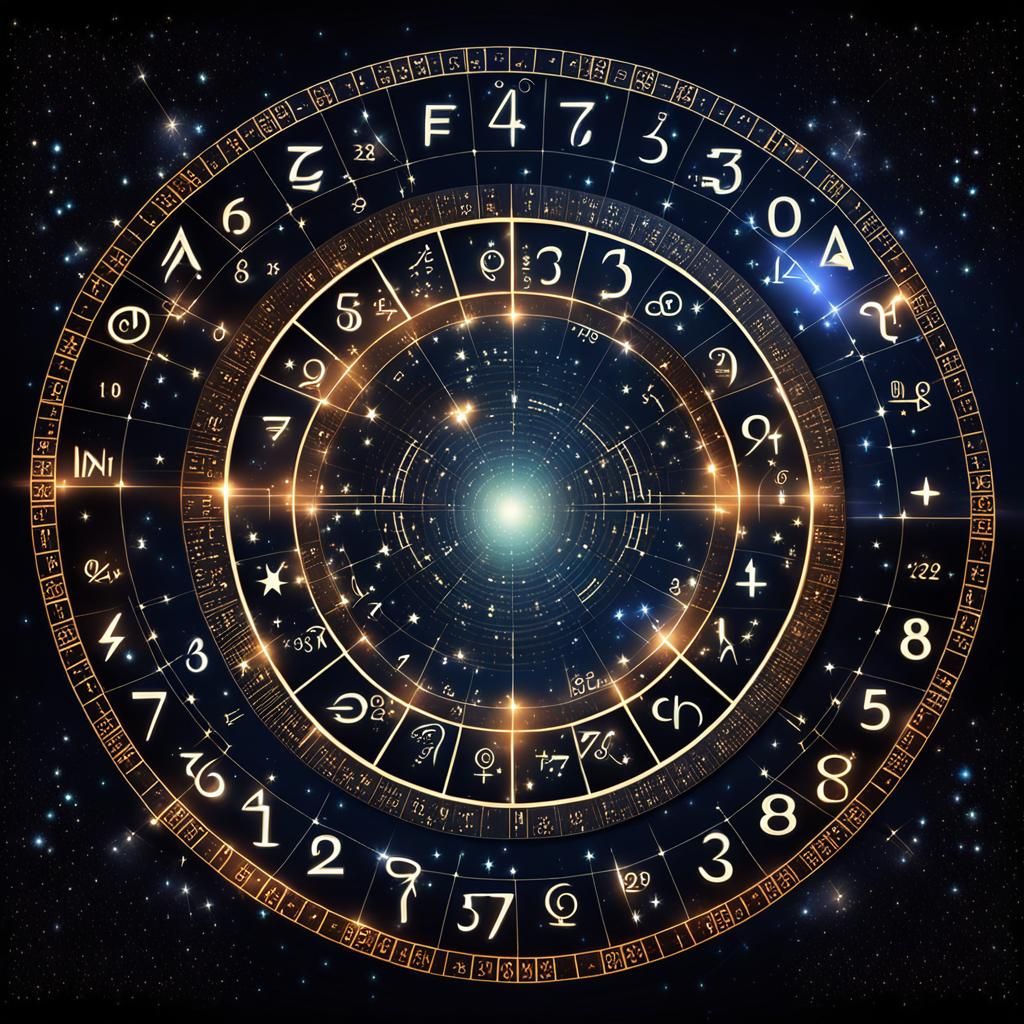 circular, matrix, digital electroanomaly in quantum reality against a starry sky background. numbers, letters, runes, sy...