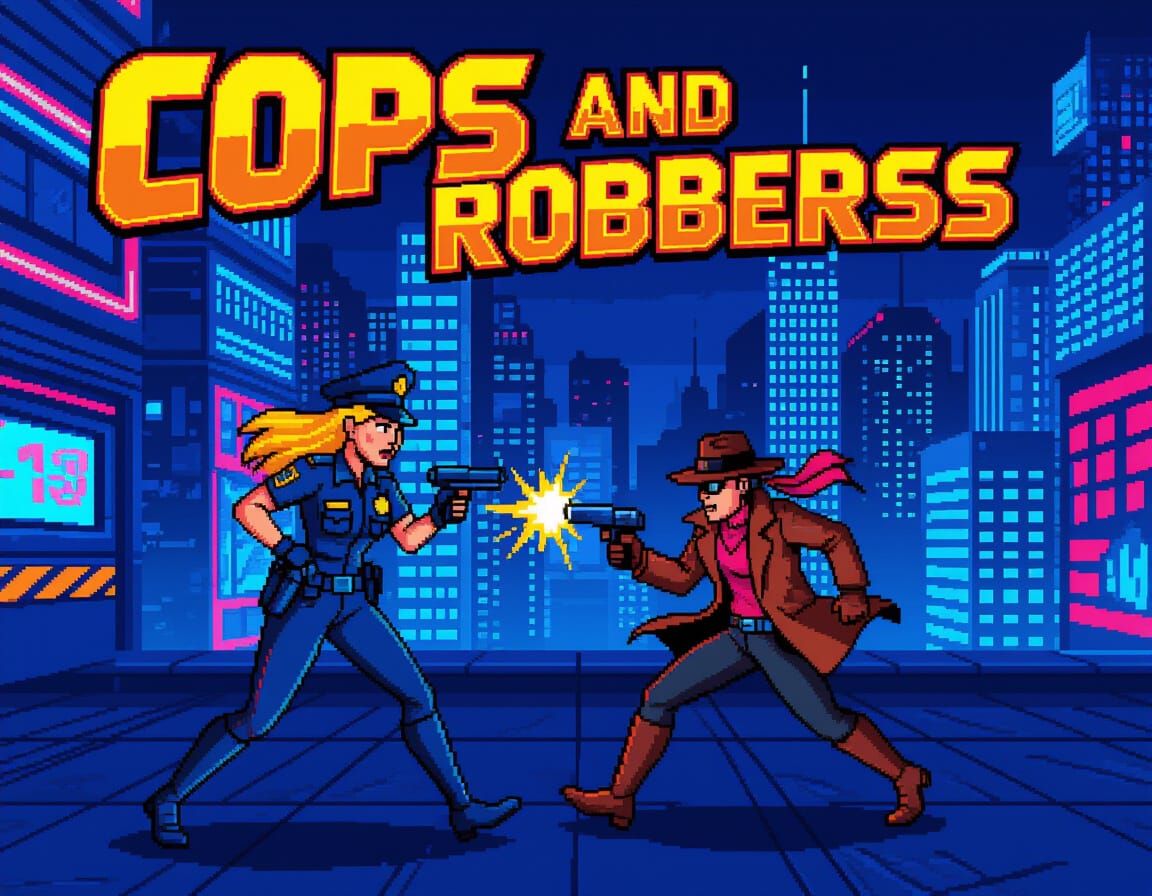 A 1990s video game cover featuring a female police officer chasing a thief through a futuristic cityscape. ...  by @Mthatha CHUMA 