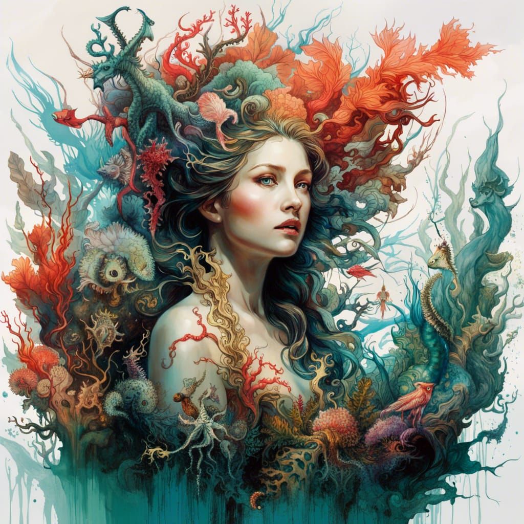 Siren Mermaid Fantasy Night Oil Painting 