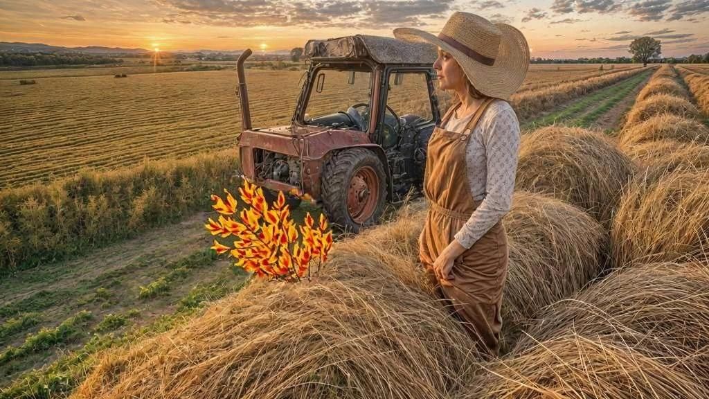 Photorealistic, wide angle lens, ultra sharp, farmland, sunset