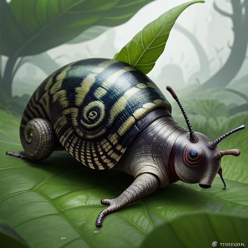realistic snail on a leaf, clear detail. hyper-detailed by t...
