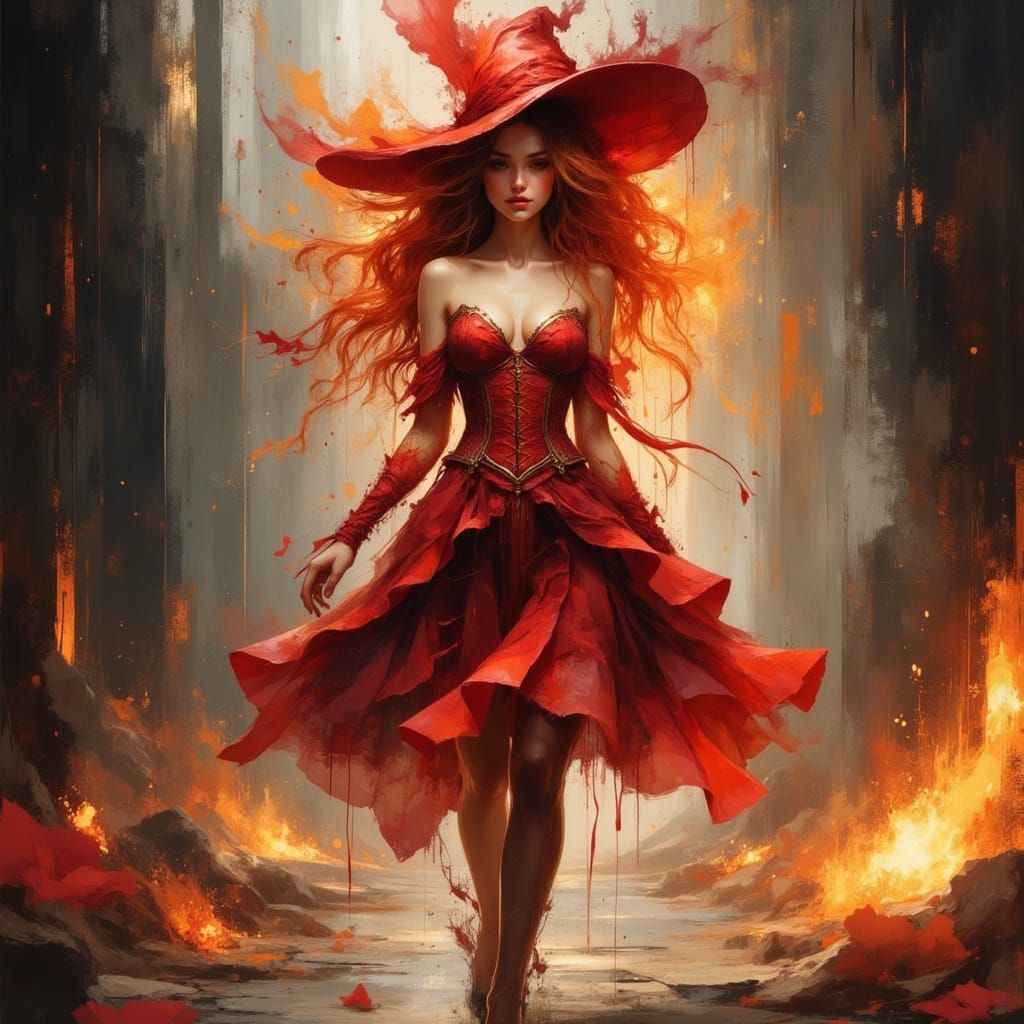 the pencil no longer draws a phoenix but a woman in red as in the reference illustration. the line of the pencil is red. the pencil is sligh... - Start Image 2