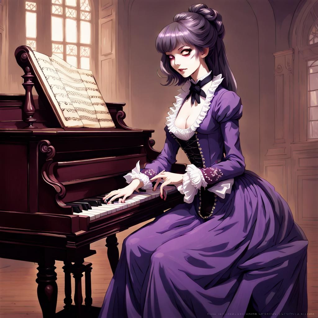 1780s vampire girl playing the harpsichord